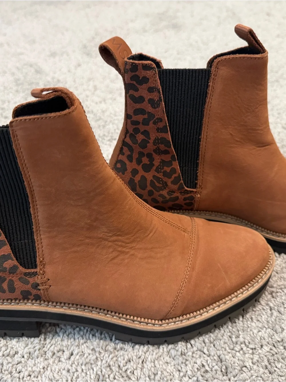 Toms Chestnut Leather Chelsea Boots with Leopard Stretch Panels